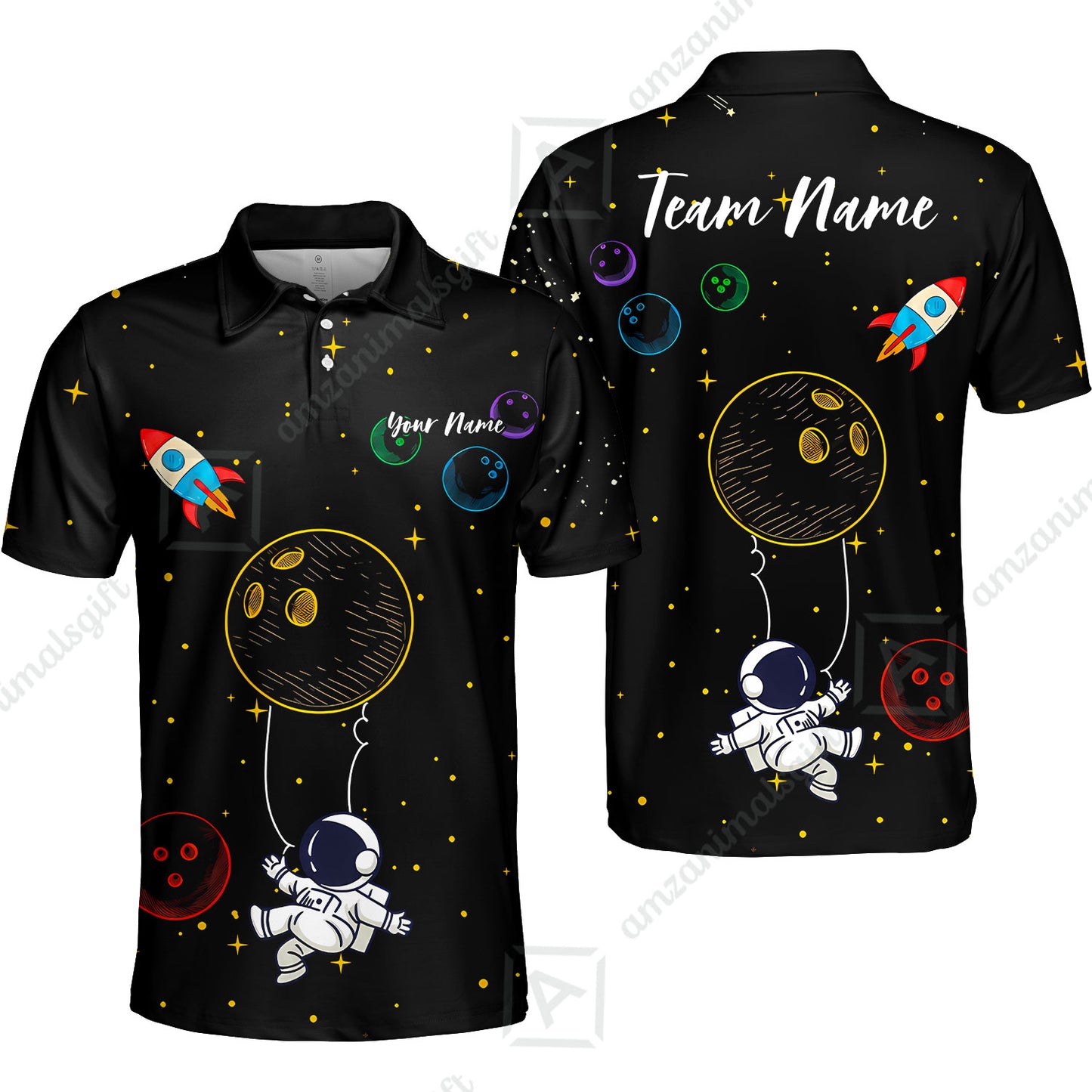 Custom Bowling Jersey Polo Shirt, Spaceman Bowling Galaxy, Custom Bowling Jersey Team Shirt For Players With Name and Team Name