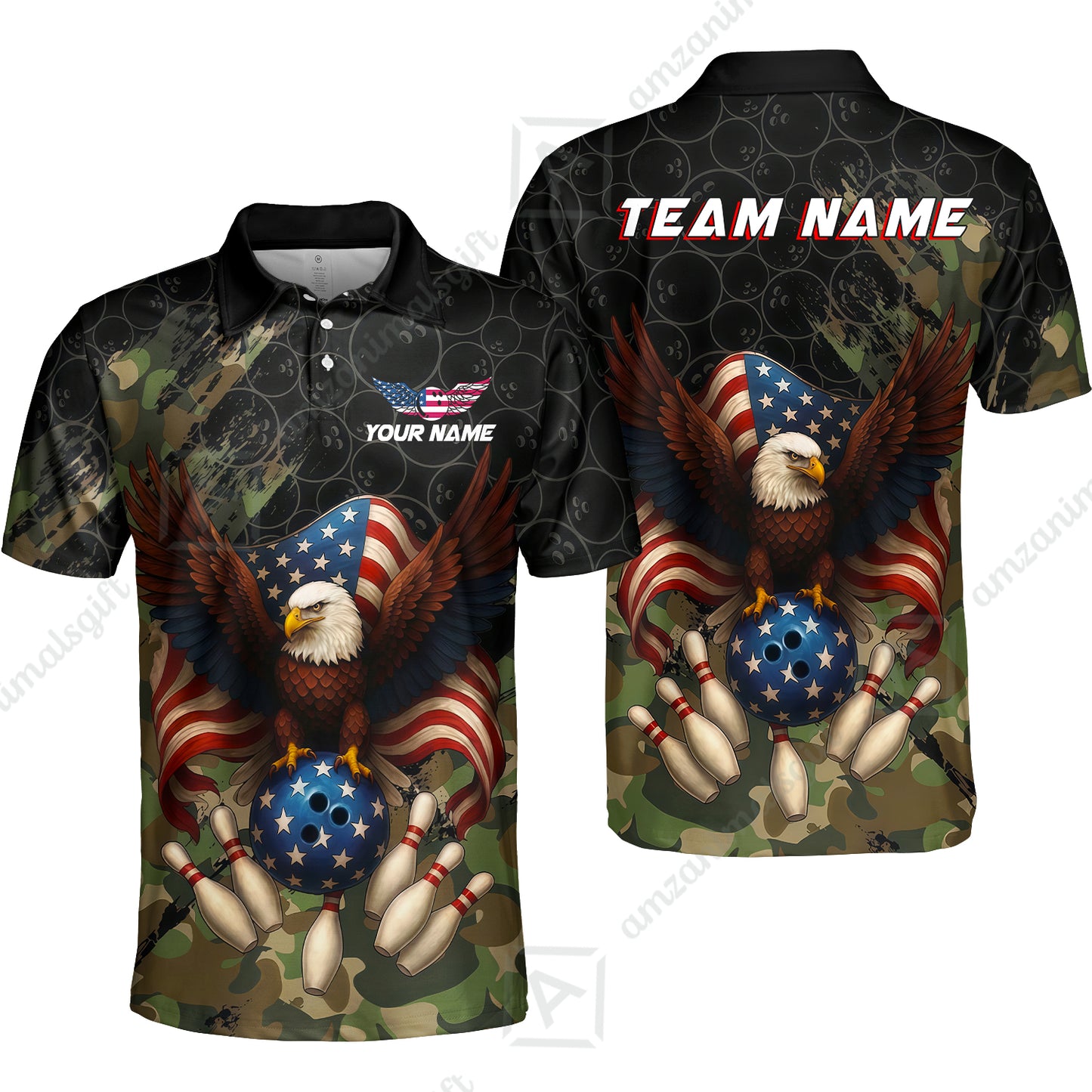 Custom Bowling Jersey Polo Shirt, Forest Camo Patriotic Bowling, Custom Bowling Jersey Team Shirt For Players With Name & Team Name