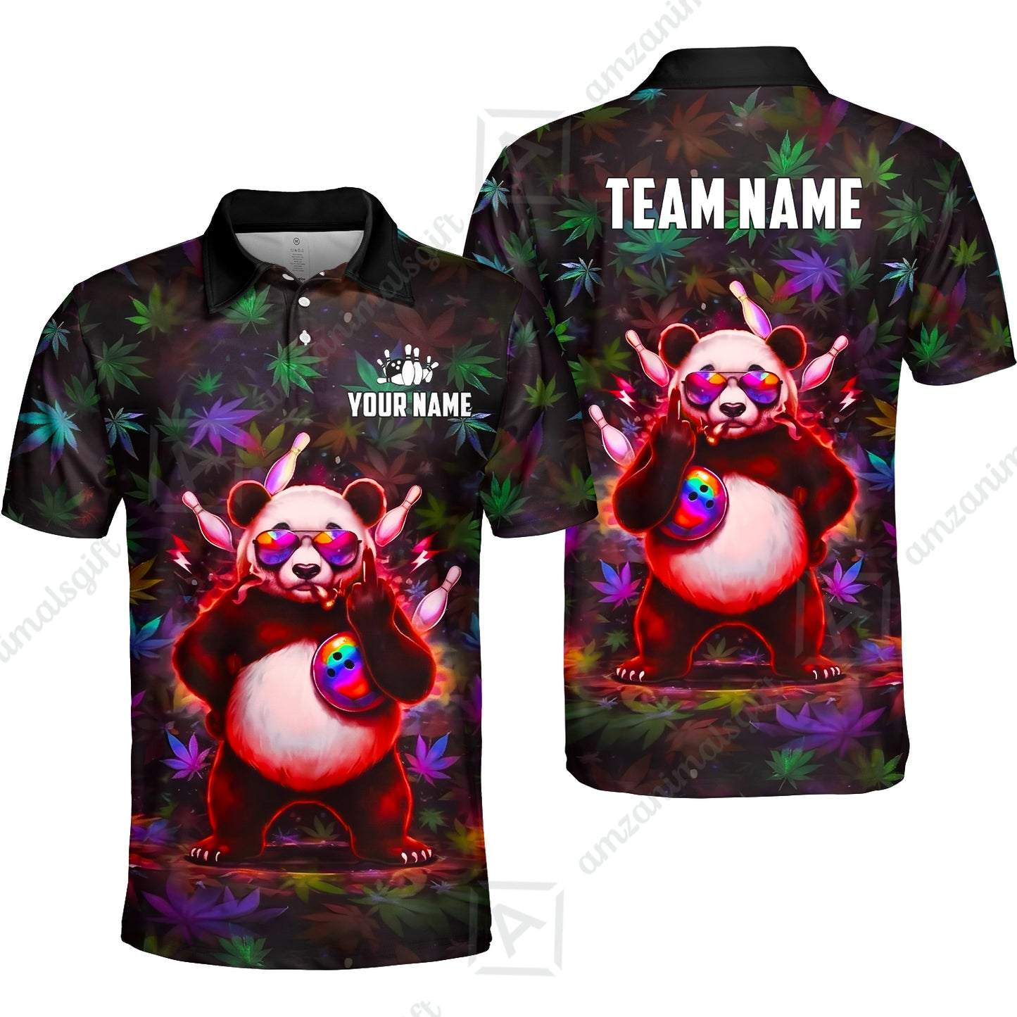 Custom Bowling Jersey Polo Shirt, Badass Stoner Panda & Psychedelic Leaves, Custom Bowling Jersey Team Shirt For Players With Name & Team Name