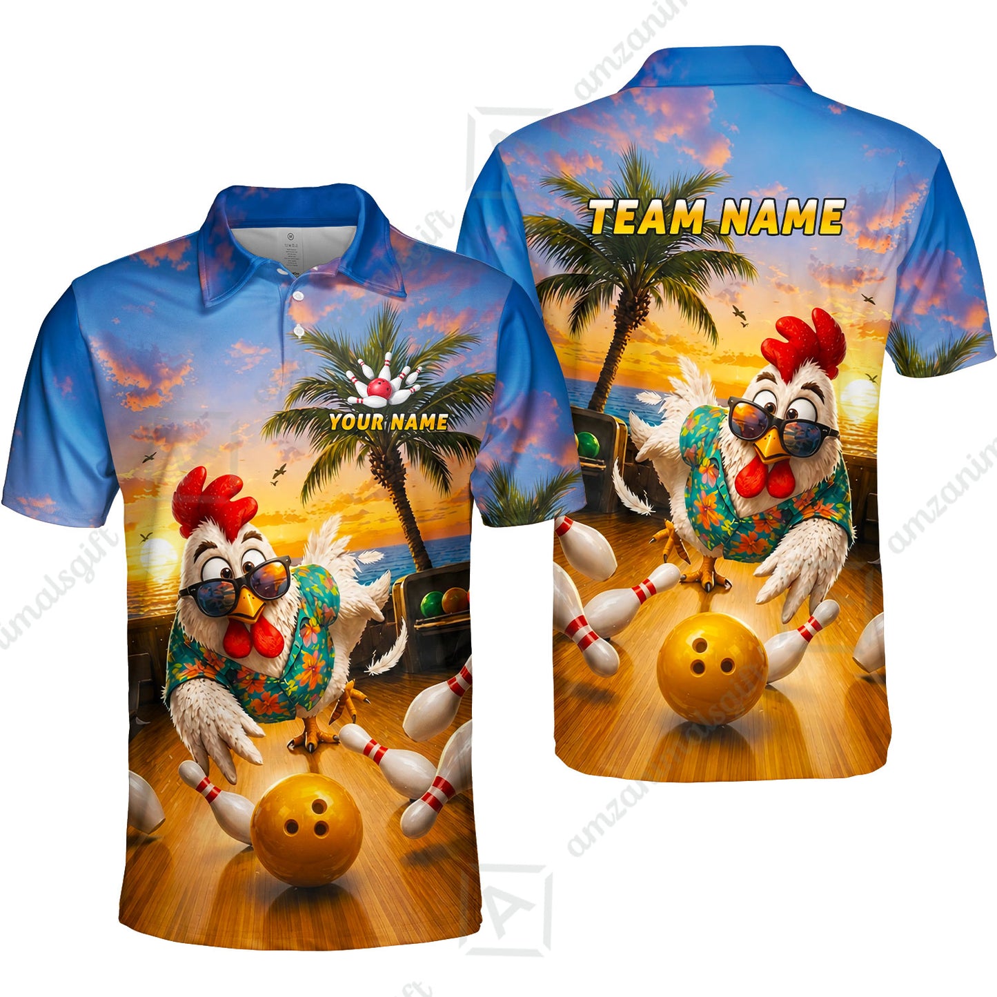Custom Bowling Jersey Polo Shirt, Funny Tropical Hawaiian Rooster Strike, Custom Bowling Jersey Team Shirt For Players With Name and Team Name