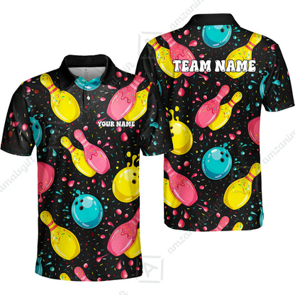 Customized Bowling Unisex Polo Shirt, Funny Colorful Donuts Bowling Pins and Ball, Personalized Name And Team Name