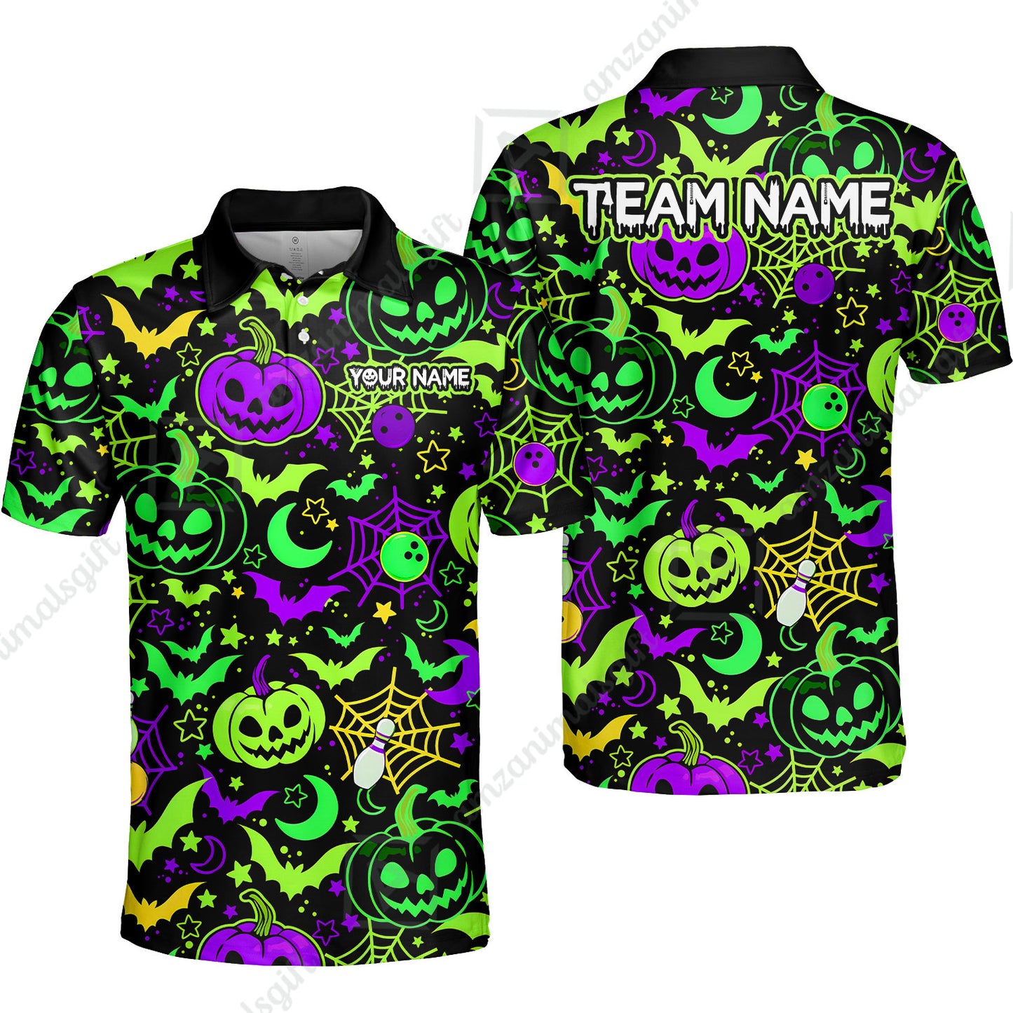 Customized Bowling Shirt, Neon Halloween Pattern Bowling And Pin Pumpkins Spider Bat, Personalized Polo Shirt For Players With Name & Team Name