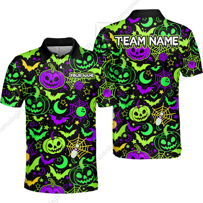 Customized Bowling Shirt, Neon Halloween Pattern Bowling And Pin Pumpkins Spider Bat, Personalized Polo Shirt For Players With Name & Team Name