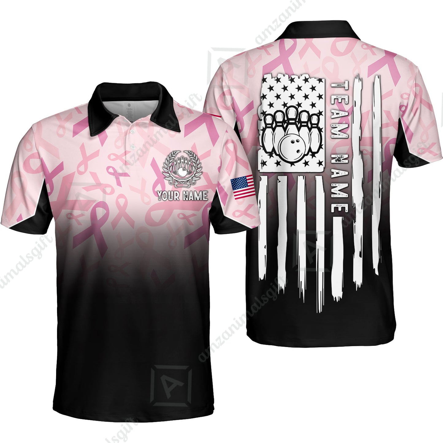 Custom Bowling Jersey Polo Shirt, Ribbon Breast Cancer Awareness Flag, Custom Bowling Jersey Team Shirt For Players With Name and Team Name
