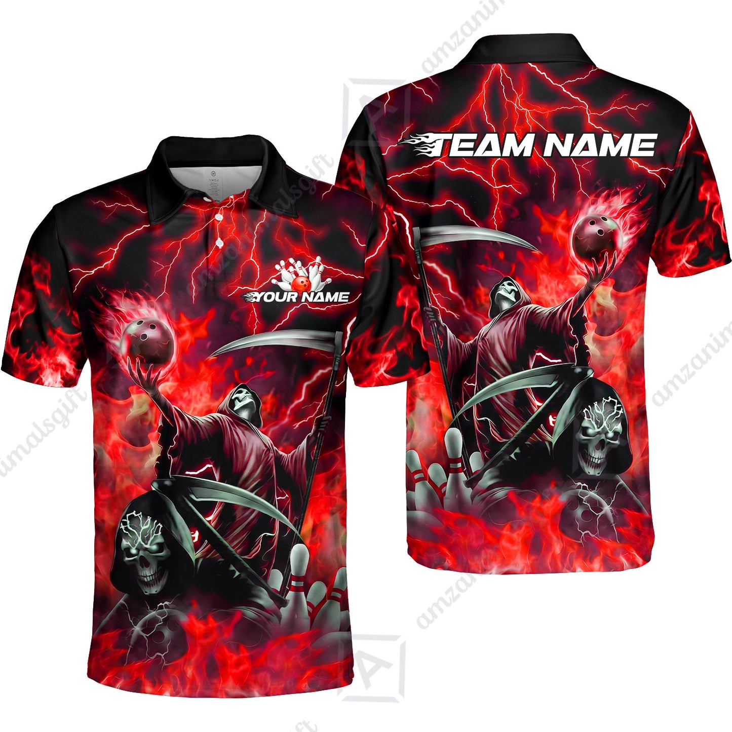 Custom Bowling Team Quarter-Zip Polo Shirt, Grim Reaper Skull With Flame Bowling Lightning Design for Bowlers, Personalized Shirt with Name and Team Name