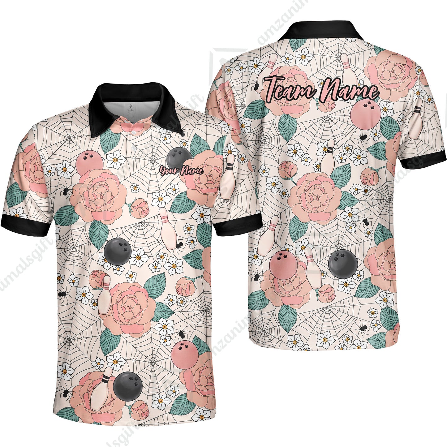 Custom Bowling Jersey Polo Shirt, Spider Flower Pattern Bowling, Personalized Name And Team Name