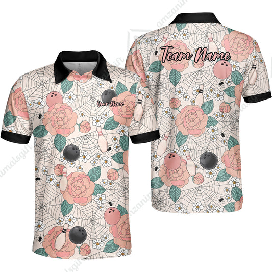 Custom Bowling Jersey Polo Shirt, Spider Flower Pattern Bowling, Personalized Name And Team Name
