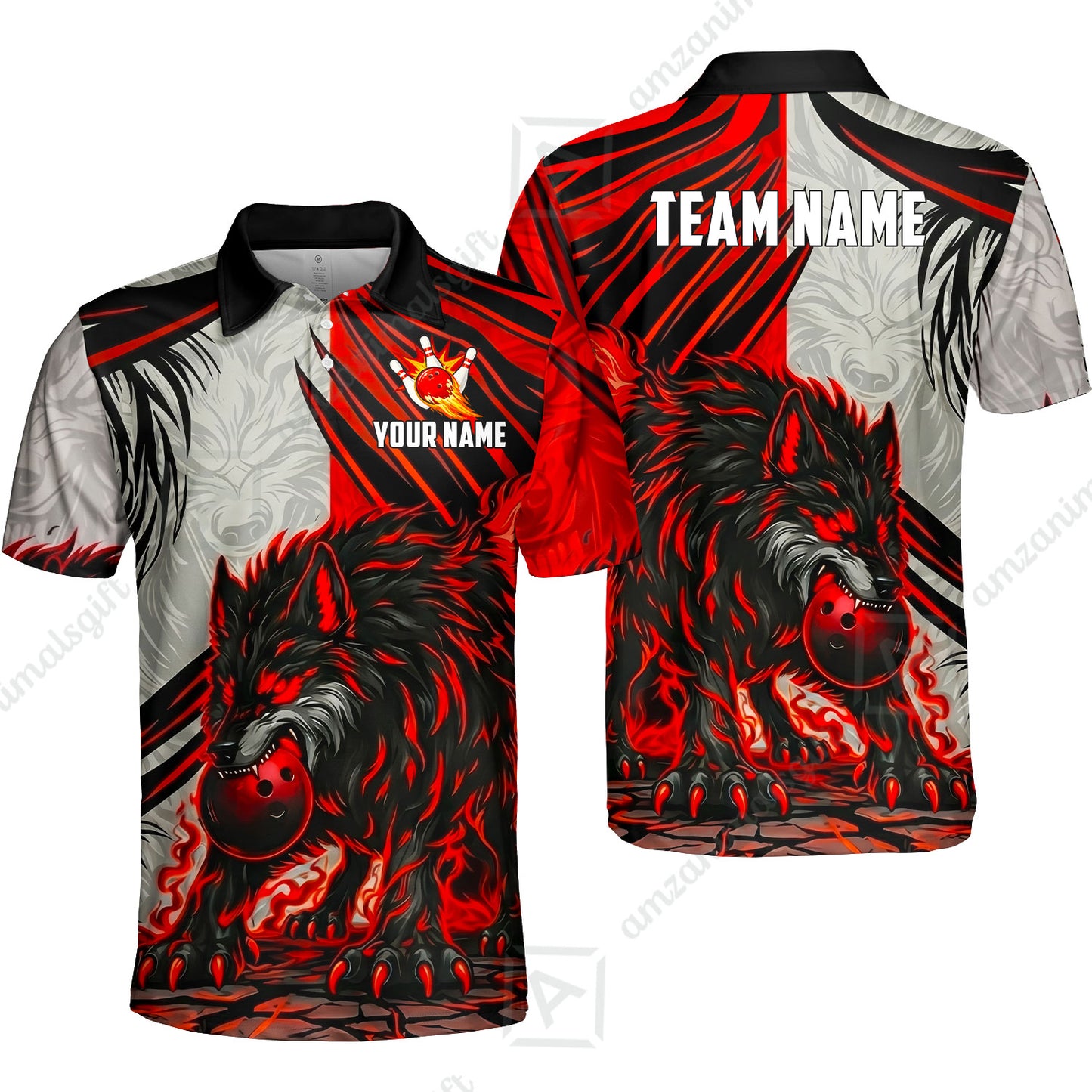 Custom Bowling Jersey Polo Shirt, Lone Wolf Strike & Emerald Frost, Custom Bowling Jersey Team Shirt For Players With Name & Team Name