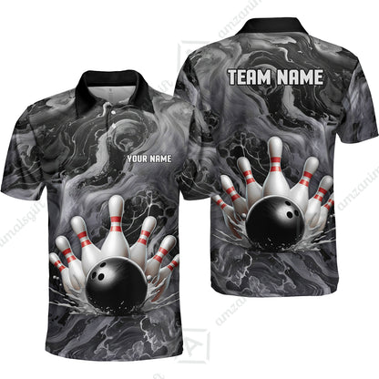Custom Bowling Team Unisex Polo Shirt, Black Pearl Urethane Bowling Ball Marble Smoke Design for Bowlers