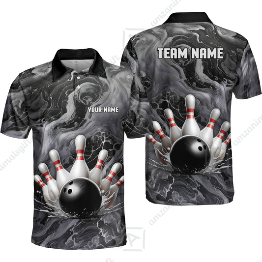 Custom Bowling Team Unisex Polo Shirt, Black Pearl Urethane Bowling Ball Marble Smoke Design for Bowlers