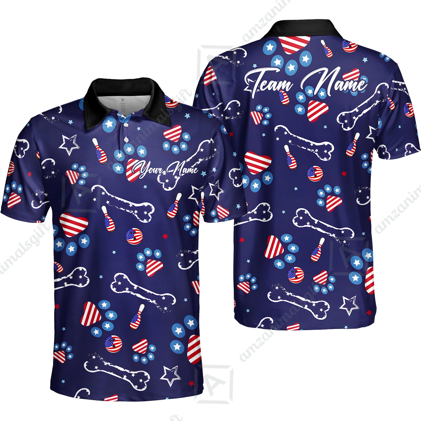 Custom Bowling Jersey Polo Shirt, US Dog Footprint, Personalize Name and Team Name