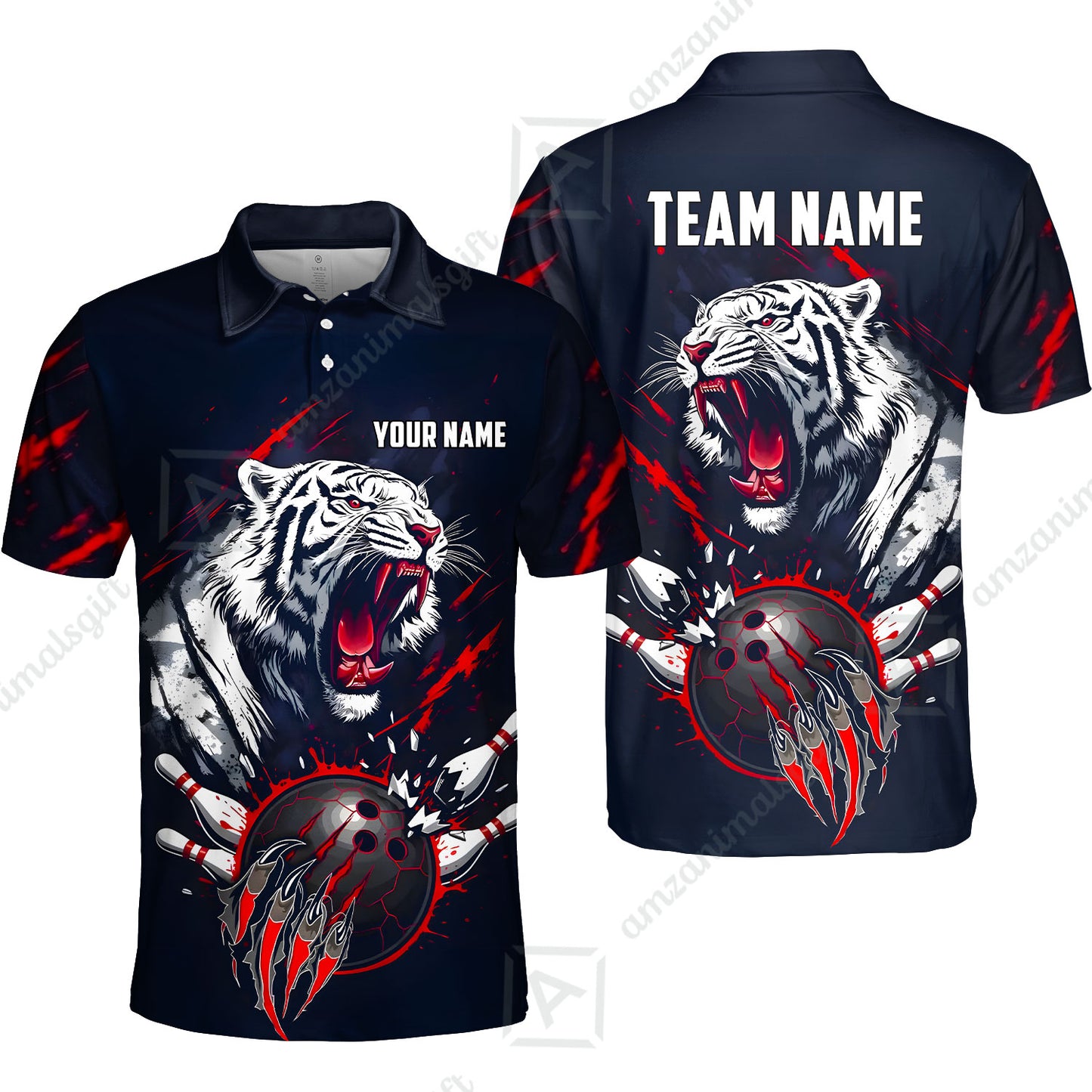 Custom Bowling Jersey Polo Shirt, White Tiger Mascot Bowling, Custom Bowling Jersey Team Shirt For Players With Name & Team Name