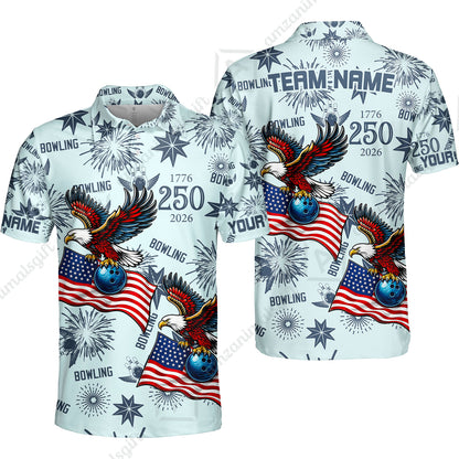 Custom Bowling Jersey Polo Shirt, USA 250 Years of Independence Bowling, Custom Bowling Jersey Team Shirt For Players With Name and Team Name