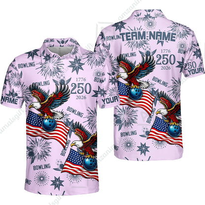 Custom Bowling Jersey Polo Shirt, USA 250 Years of Independence Bowling, Custom Bowling Jersey Team Shirt For Players With Name and Team Name