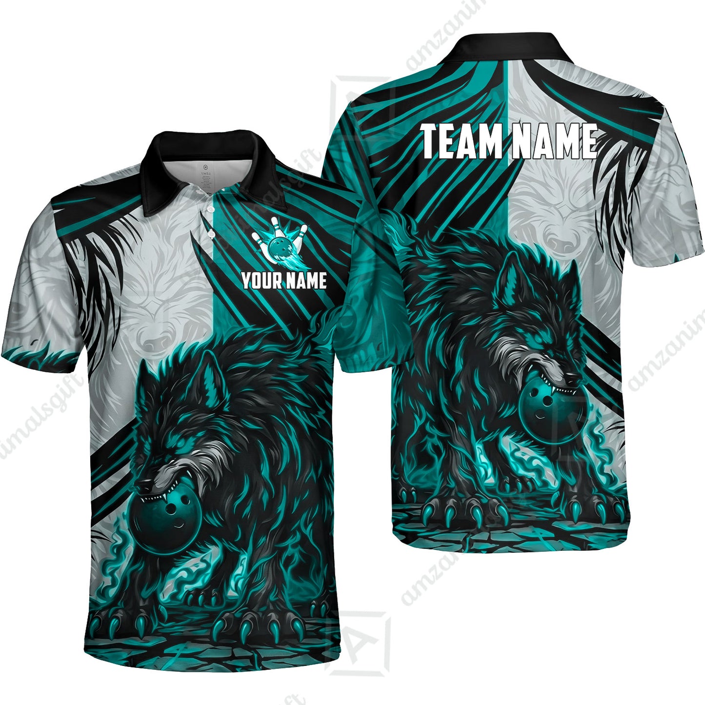 Custom Bowling Jersey Polo Shirt, Lone Wolf Strike & Emerald Frost, Custom Bowling Jersey Team Shirt For Players With Name & Team Name