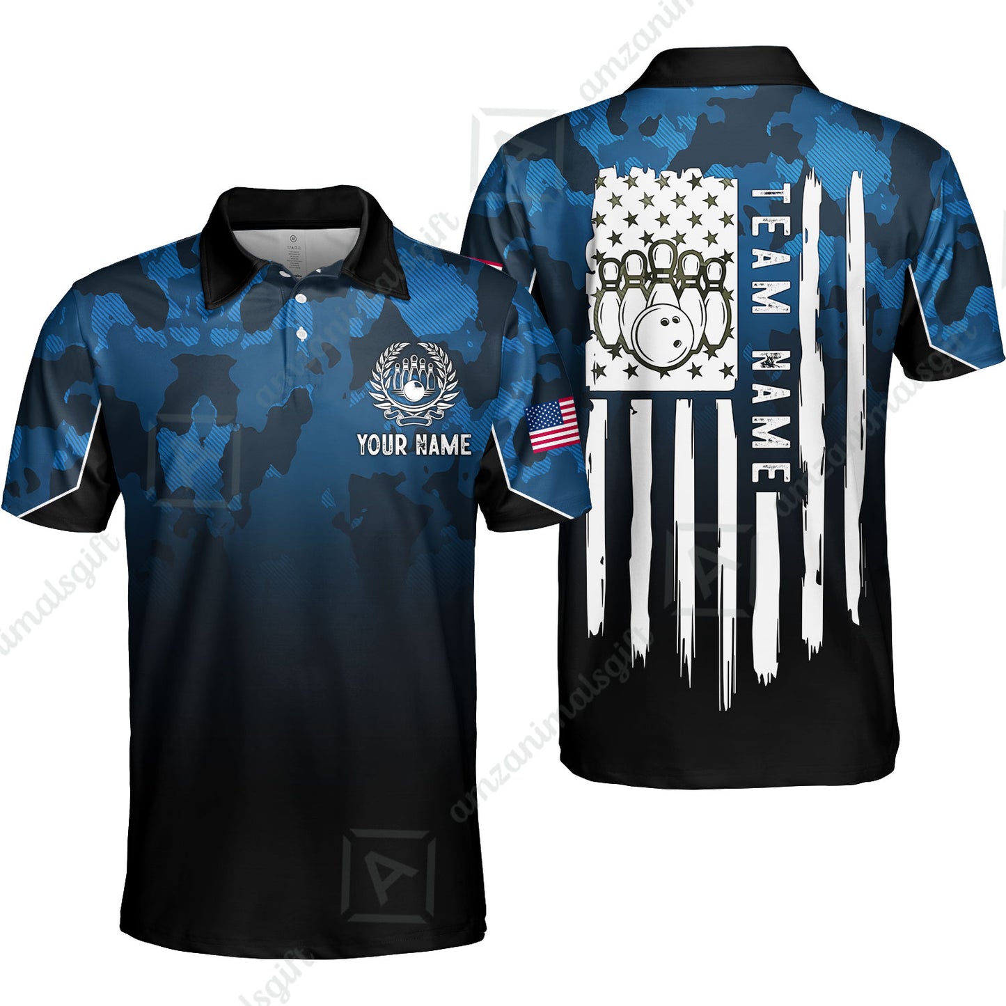 Custom Bowling Jersey Polo Shirt, Tactical Camo Patriotic Flag, Custom Bowling Jersey Team Shirt For Players With Name and Team Name