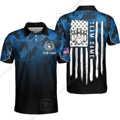 Custom Bowling Jersey Polo Shirt, Tactical Camo Patriotic Flag, Custom Bowling Jersey Team Shirt For Players With Name and Team Name