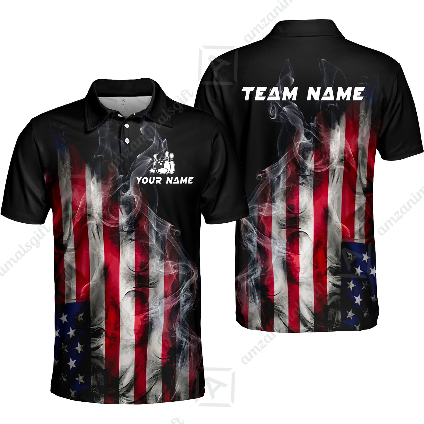 Custom Bowling Jersey Polo Shirt, Smoke USA Flag Bowling, Custom Bowling Jersey Team Shirt For Players With Name & Team Name
