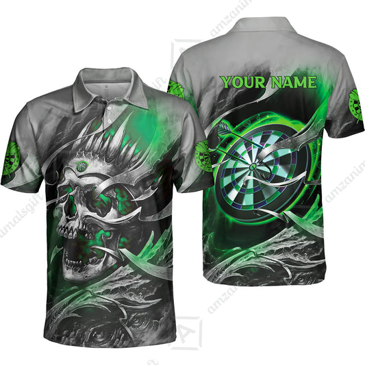 Darts Men Polo Shirt Custom Name - Green Skull Dartboard Personalized Polo Shirt For Men - Gift For Darts Player, Friend, Family
