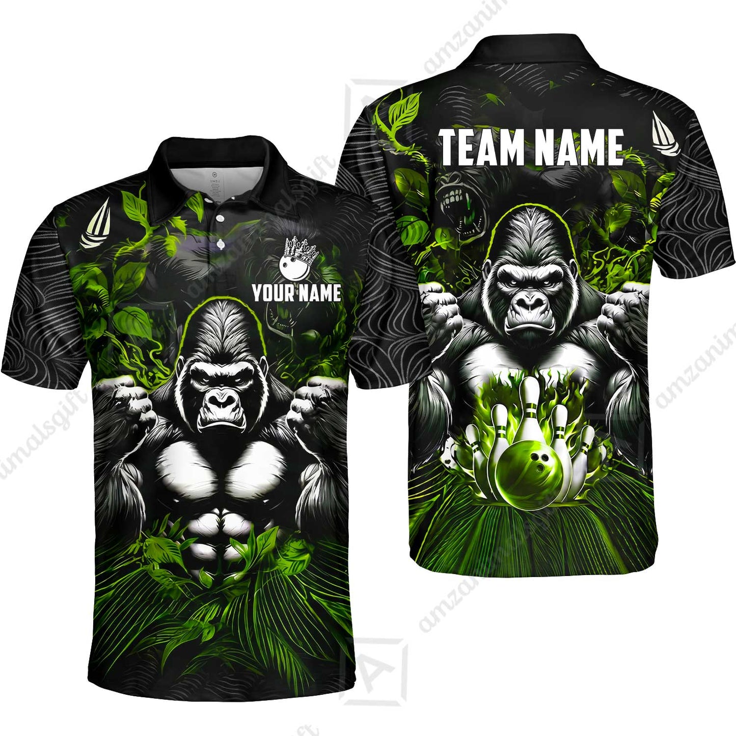 Custom Bowling Jersey Polo Shirt, Furious Gorilla Mascot, Custom Bowling Jersey Team Shirt For Players With Name & Team Name