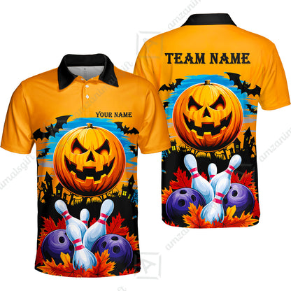 Custom Bowling Jersey Polo Shirt, Halloween Pumpkin Bowling, Personalize Name and Team Name