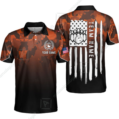Custom Bowling Jersey Polo Shirt, Tactical Camo Patriotic Flag, Custom Bowling Jersey Team Shirt For Players With Name and Team Name