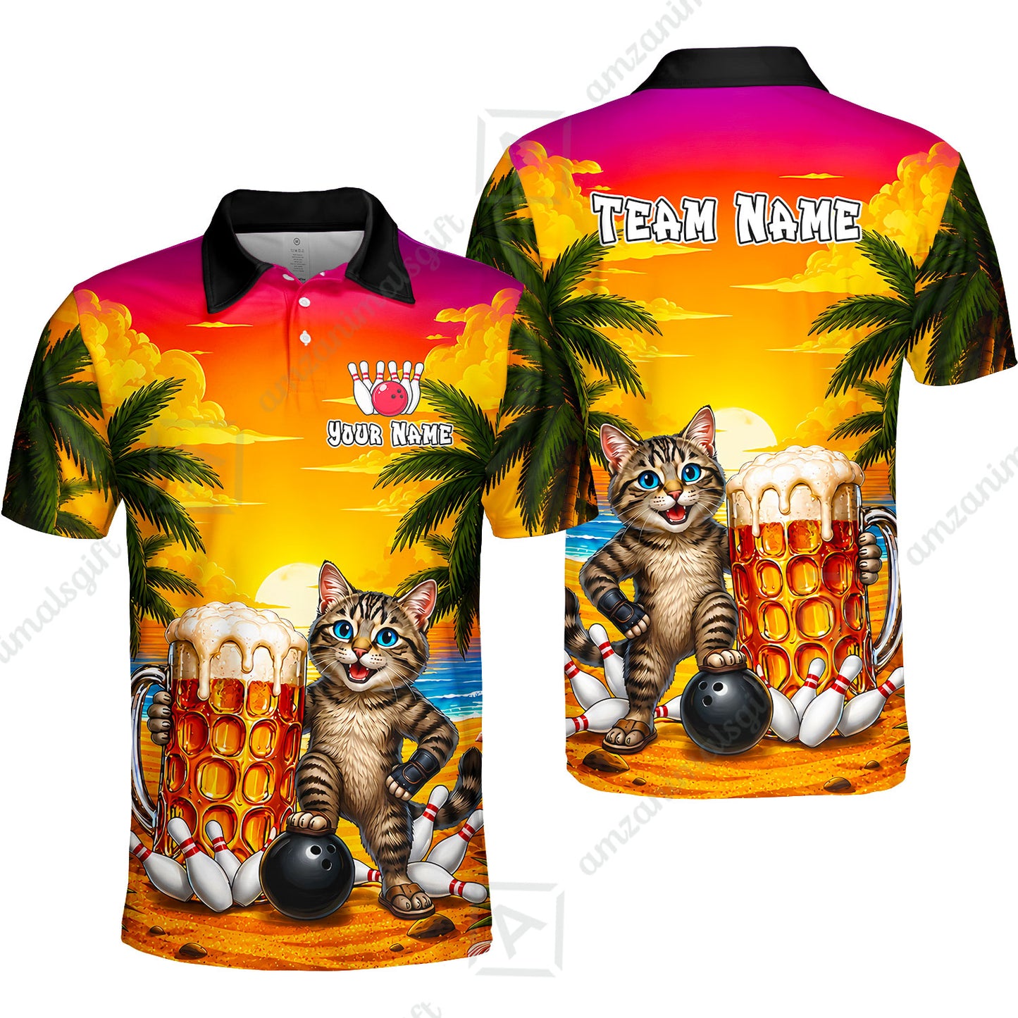Custom Bowling Jersey Polo Shirt, Beer & Bowling Cat, Custom Bowling Jersey Team Shirt For Players With Name and Team Name