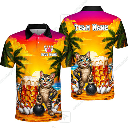 Custom Bowling Jersey Polo Shirt, Beer & Bowling Cat, Custom Bowling Jersey Team Shirt For Players With Name and Team Name