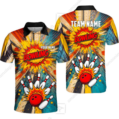 Custom Bowling Jersey Polo Shirt, Retro Comic Book Explosion, Custom Bowling Jersey Team Shirt For Players With Name and Team Name