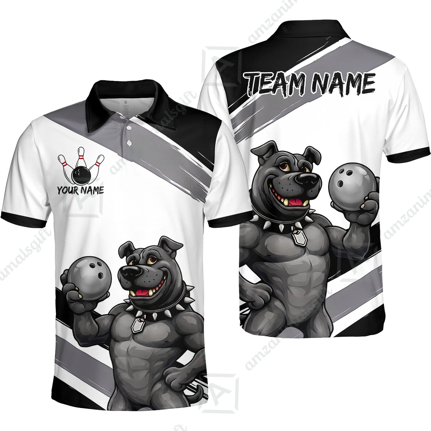 Custom Bowling Jersey Polo Shirt, Pitbull Hold Bowling Ball, Custom Bowling Jersey Team Shirt For Players With Name & Team Name