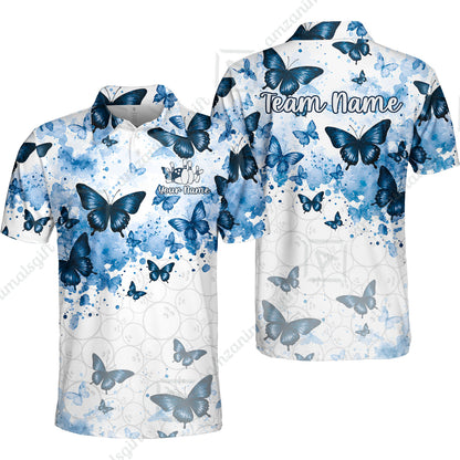Custom Bowling Jersey Polo Shirt, Blue Watercolor Butterfly Bloom, Custom Bowling Jersey Team Shirt For Players With Name and Team Name