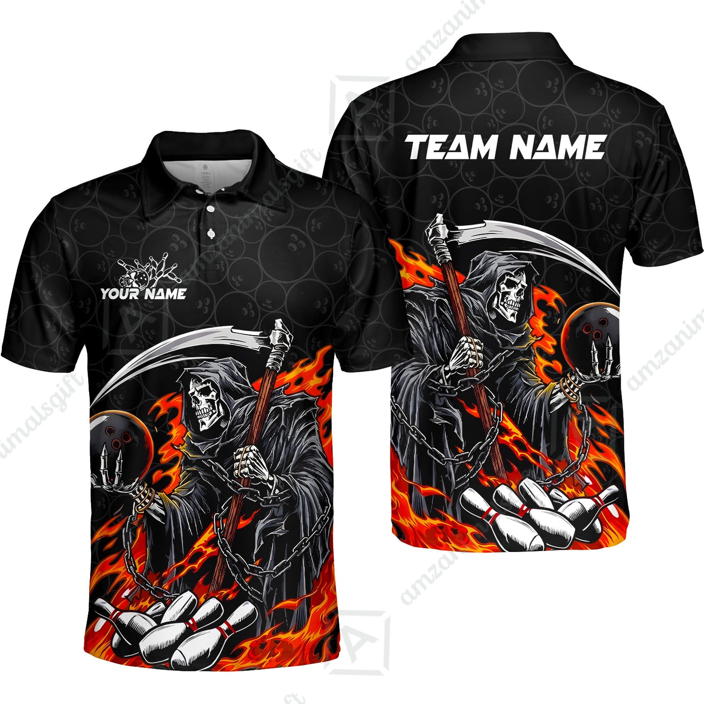 Custom Bowling Jersey Polo Shirt, Grim Reaper Holding Ball, Personalize Name and Team Name