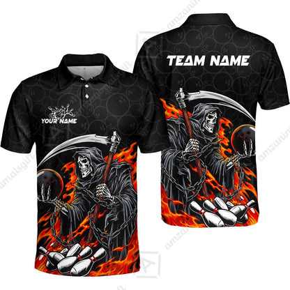 Custom Bowling Jersey Polo Shirt, Grim Reaper Holding Ball, Personalize Name and Team Name