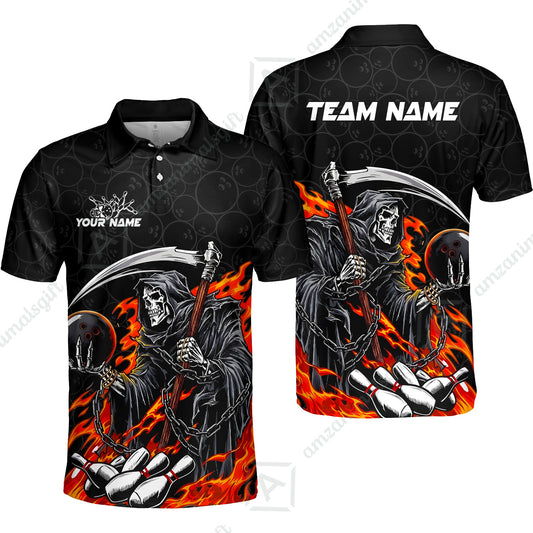 Custom Bowling Jersey Polo Shirt, Grim Reaper Holding Ball, Personalize Name and Team Name
