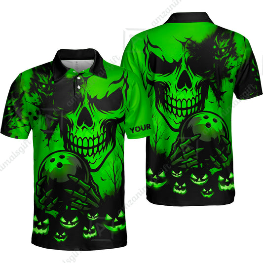 Custom Bowling Jersey Polo Shirt, Pumpkins Skull Halloween, Custom Bowling Jersey Team Shirt For Players With Name & Team Name