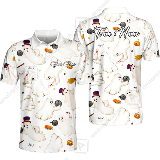 Custom Bowling Jersey Polo Shirt, Reds Seamless Pattern Cute Ghost, Personalize Name and Team Name