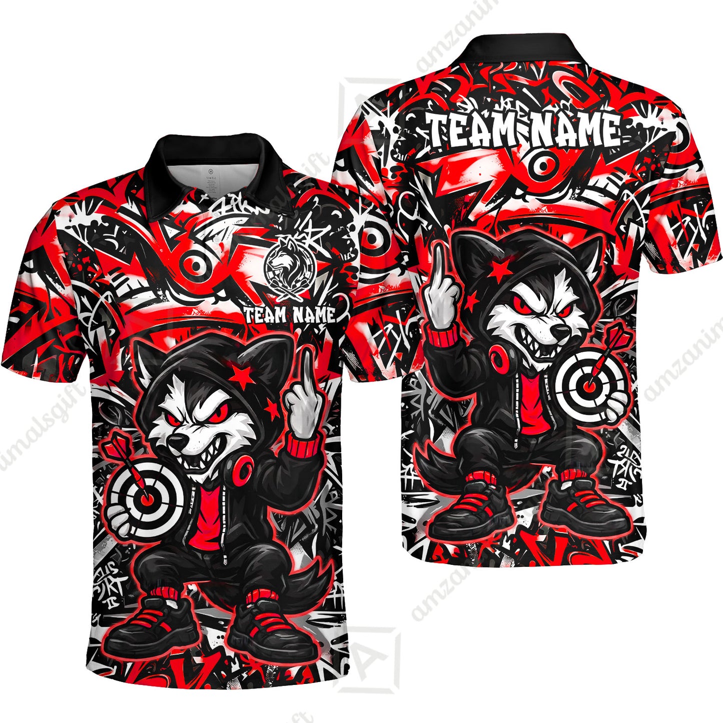Customized Darts Team Uniform Shirt, Cool Cartoon Wolf With Dartboard, Personalized Name And Team Name