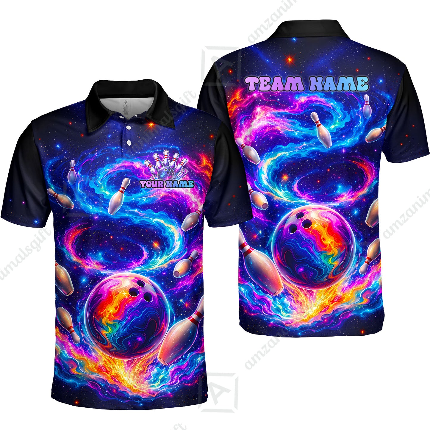 Custom Bowling Jersey Polo Shirt, Galaxy Bowling World, Personalized Name And Team Name
