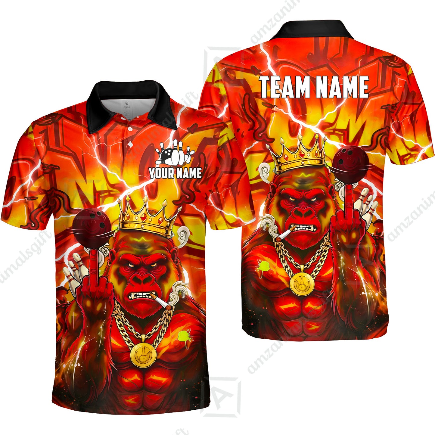 Custom Bowling Jersey Polo Shirt, Rebellious Gorilla King & Street Graffiti, Custom Bowling Jersey Team Shirt For Players With Name & Team Name
