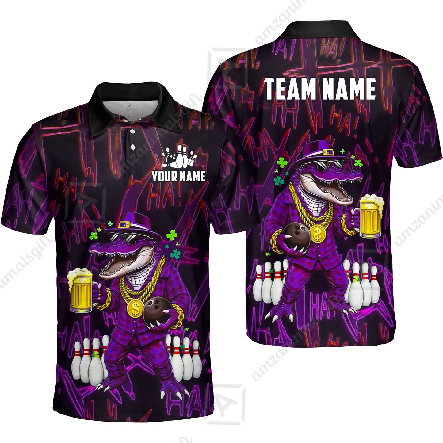 Custom Bowling Jersey Polo Shirt, Lucky Alligator St Patricks Beer, Custom Bowling Jersey Team Shirt For Players With Name & Team Name