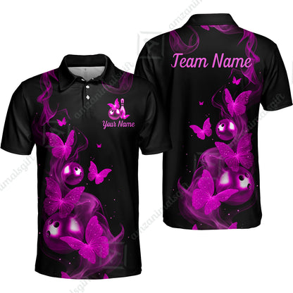 Custom Bowling Jersey Polo Shirt, Butterfly Bowling Smoke, Custom Bowling Jersey Team Shirt For Players With Name & Team Name
