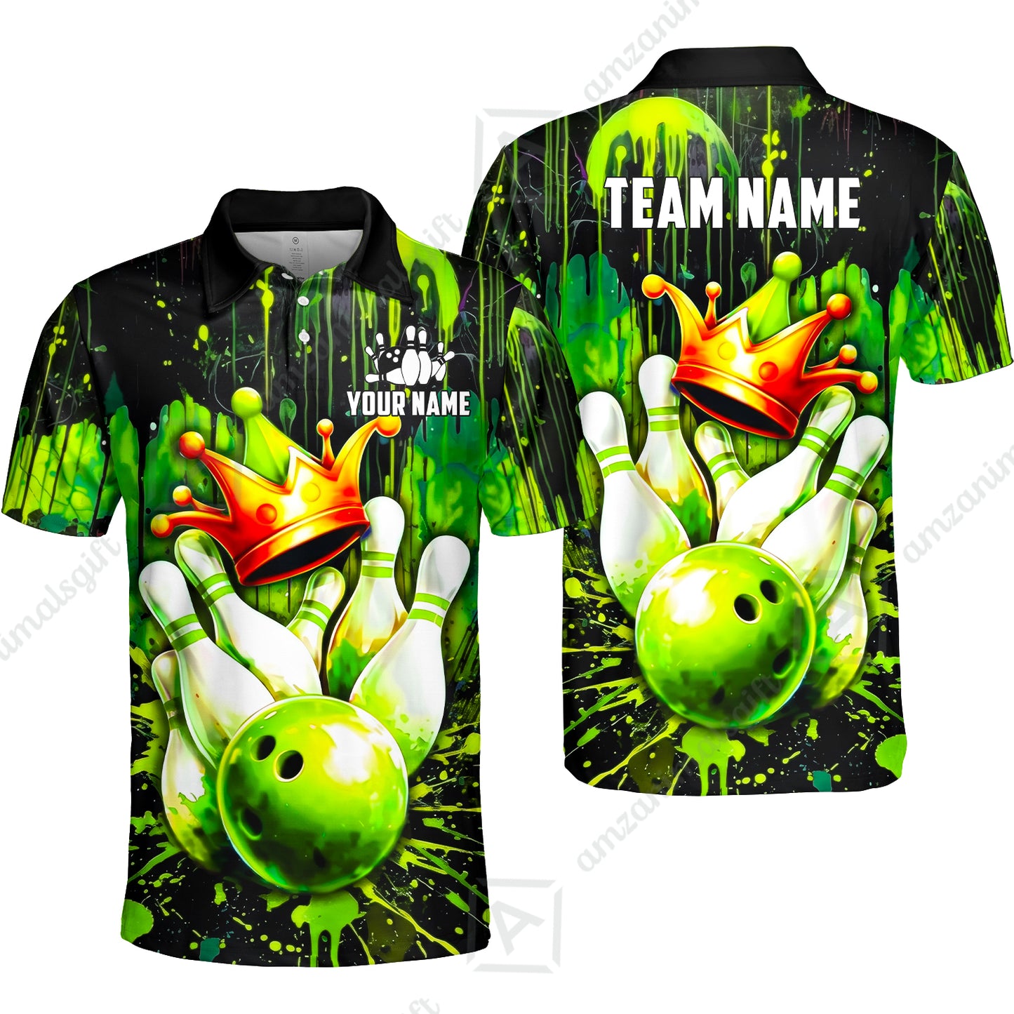 Custom Bowling Jersey Polo Shirt, Neon King Crown, Custom Bowling Jersey Team Shirt For Players With Name and Team Name