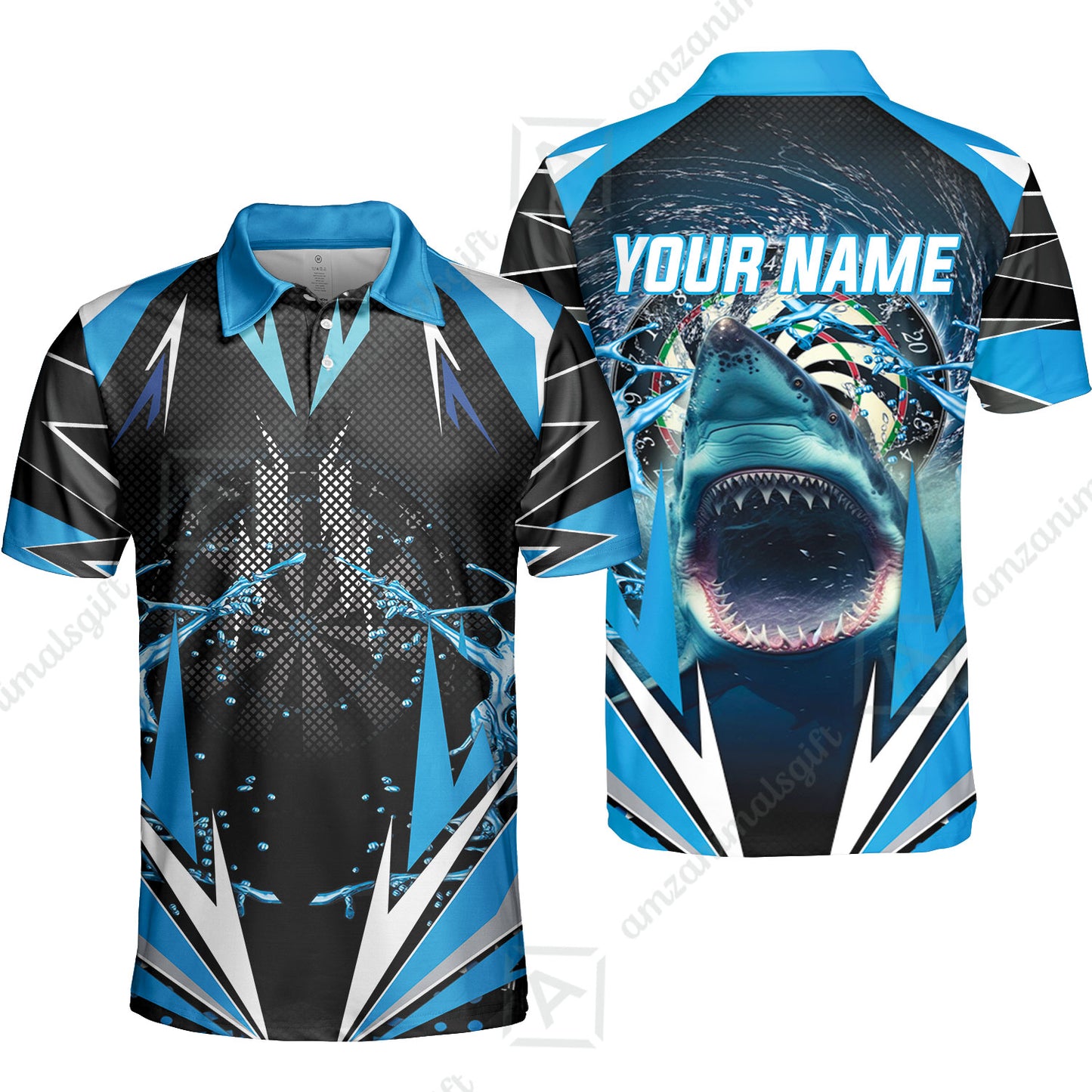Shark And Darts Custom Name Men Polo Shirt, Whirlpool Bullseye Dartboard Personalized Men Polo Shirt Gift For Darts Lovers, Friends, Team