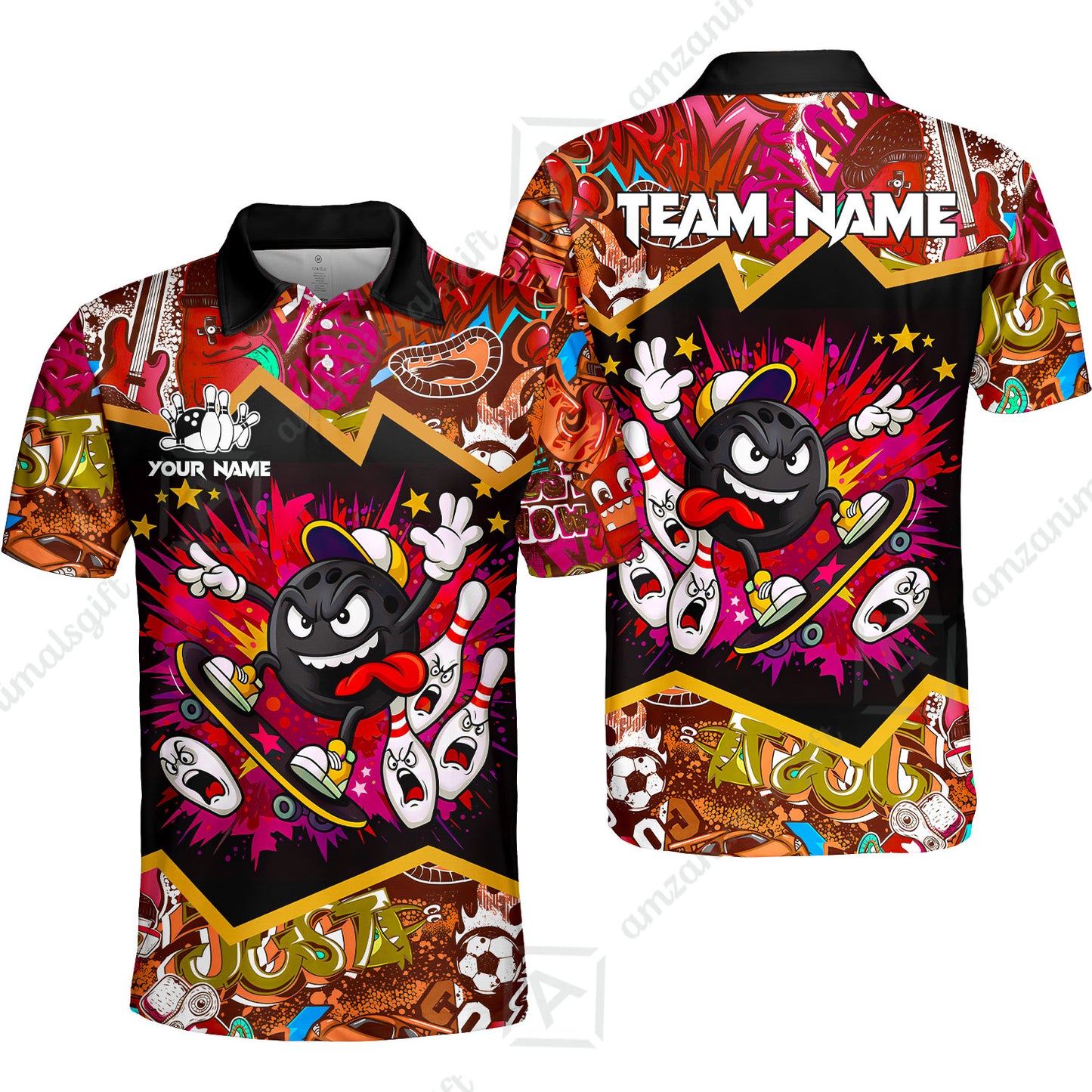 Customized Bowling Unisex Polo Shirt, Skater Bowling Ball Attack, Bowling Uniform, Personalized Name And Team Name