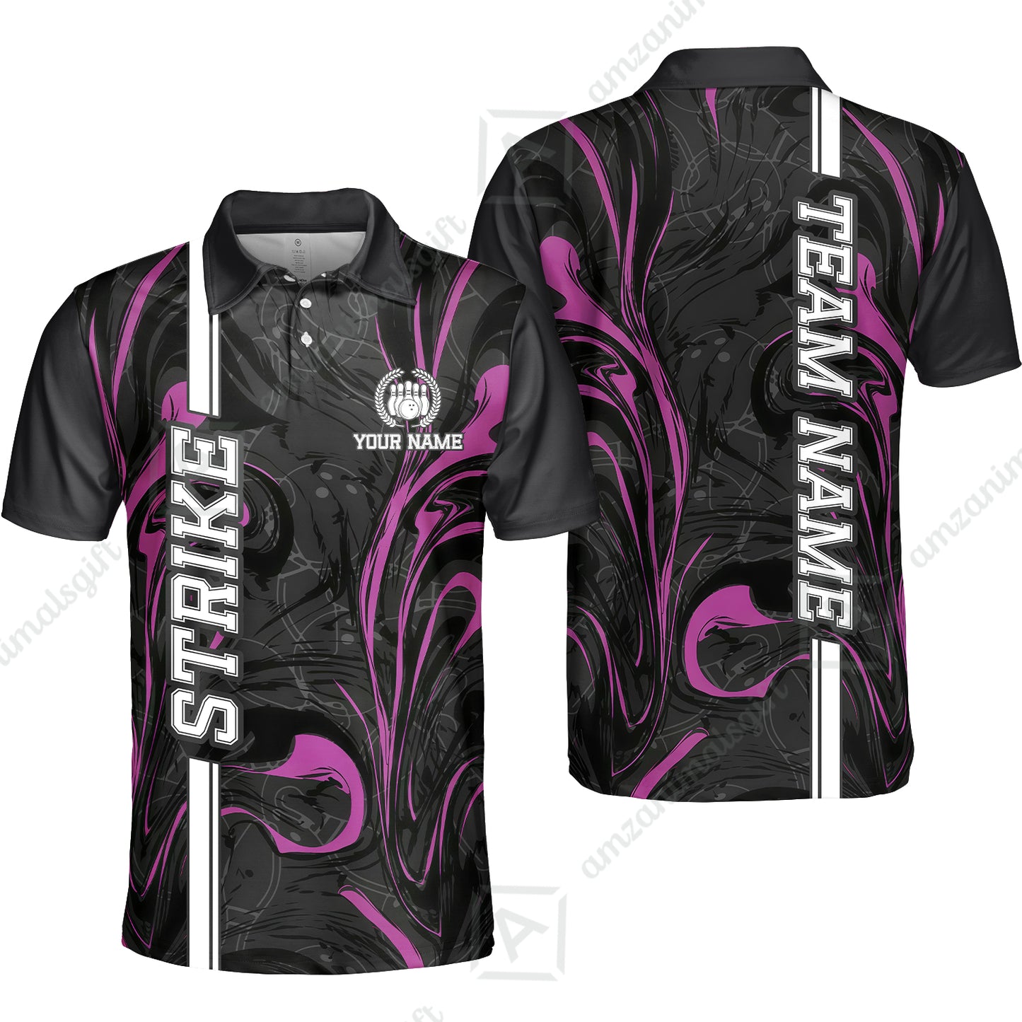 Customized Bowling Unisex Polo Shirt, Bowling Black And Pink Marble Art, Bowling Uniform - Personalized Name And Team Name