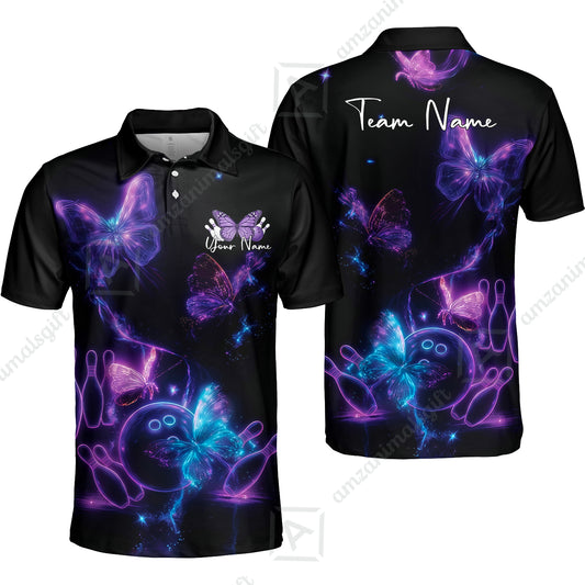 Custom Bowling Jersey Polo Shirt, Bowling Butterfly Universe, Custom Bowling Jersey Team Shirt For Players With Name and Team Name