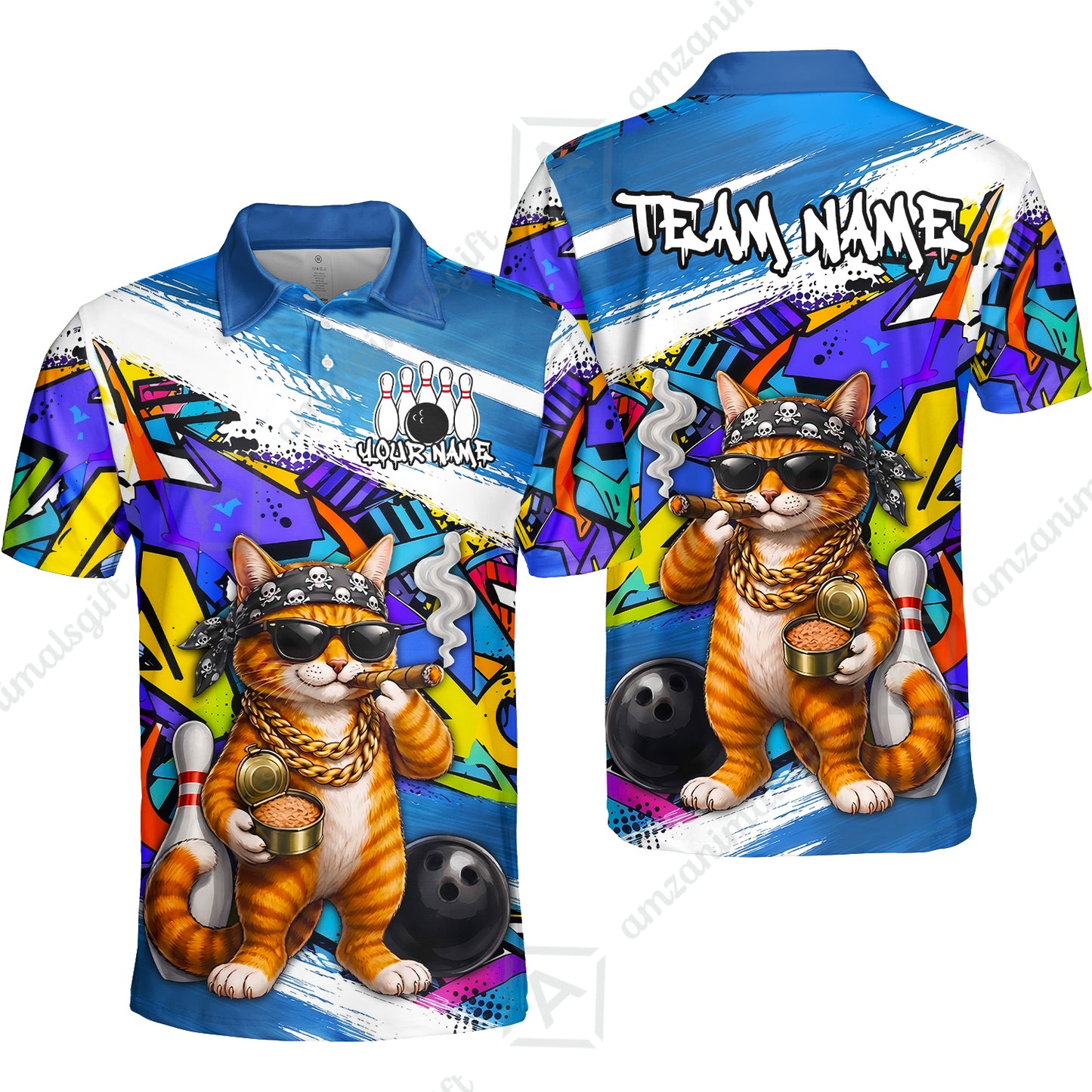 Custom Bowling Jersey Polo Shirt, Cat Graffiti Bowling, Personalize Name and Team Name