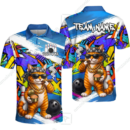 Custom Bowling Jersey Polo Shirt, Cat Graffiti Bowling, Personalize Name and Team Name