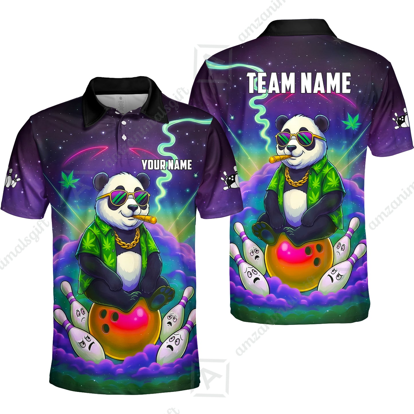 Custom Bowling Jersey Polo Shirt, Chill Panda & Cosmic Vibe, Custom Bowling Jersey Team Shirt For Players With Name & Team Name