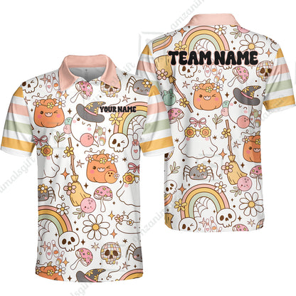 Customized Bowling Shirt, Mushroom Ghost Cute Rainbow Halloween Pattern Bowling, Personalized Polo Shirt For Players With Name & Team Name